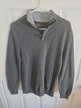 Tasso Elba Men’s 1/4 Zip Sweater M Gray Cotton Ribbed Collar Elbow Patches 047